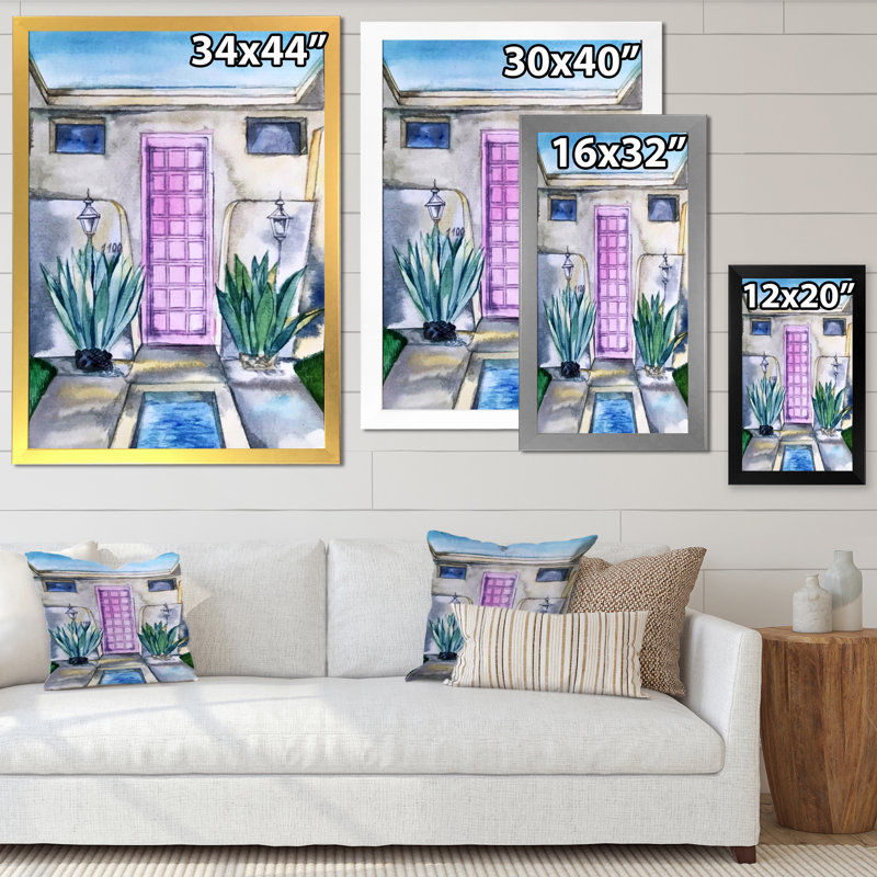 Porte rose de la maison tropicale - Peinture sur toile, H 32 po x l 16 po, Toile à cadre d'angle fermé doré