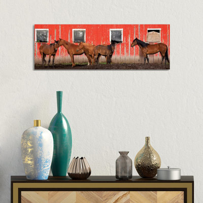 USA, Washington State, Palouse. Panoramic of horses next to red barn. 1 Piece Wrapped Canvas Panoramic Wall Art