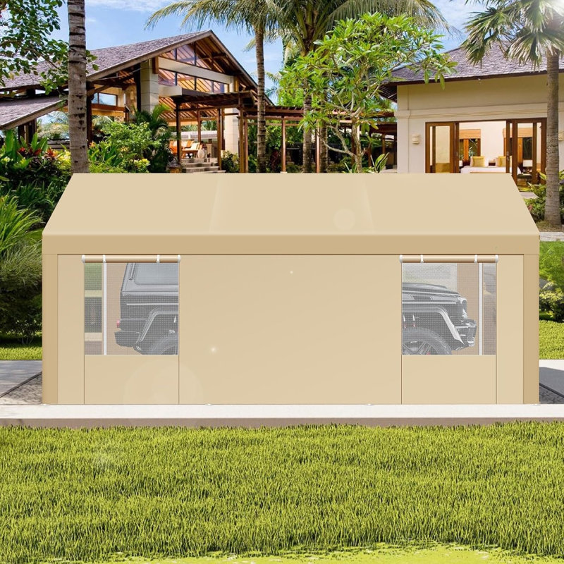 12x20 FT Heavy Duty Car Canopy Garage with Roll-Up Ventilation Windows, Khaki
