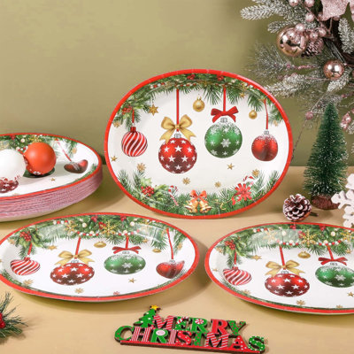 50 assiettes à vaisselle jetables ovales 10 x 12 pouces boule de Noël plateau de service de vaisselle jetable fête de Noël