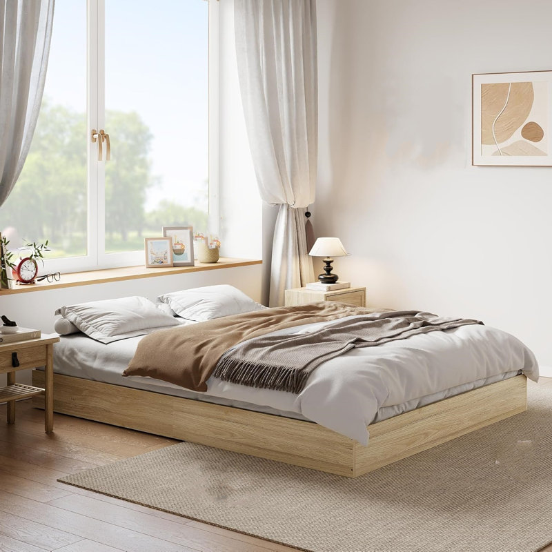 Wood Platform Bed Frame,Wooden Bed Frame Without Headboard, Wood Slat Support, Burlywood, King