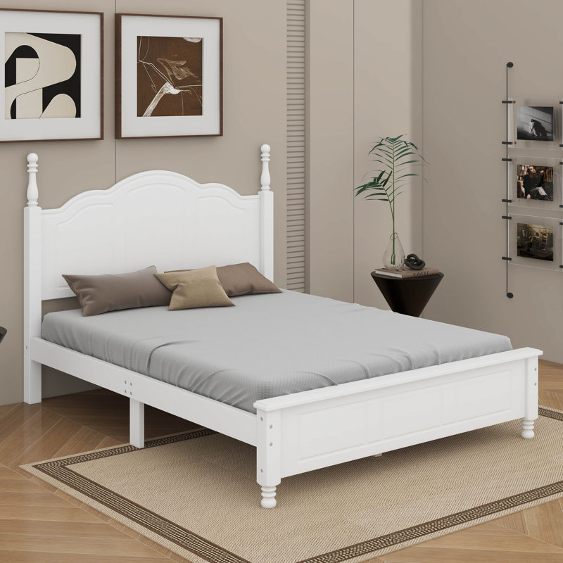 Lit plateforme en bois de style rétro avec support en lattes de bois, Grand lit, Blanc