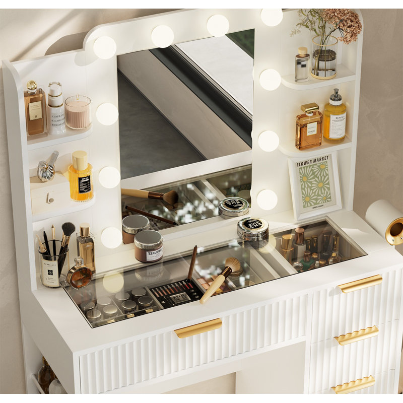 Vanity Table with Mirror and Lights, Vanity Desk and Cushioned Stool Set with Charging Station, Storage Drawers and Transparent Tabletop for Bedroom, White