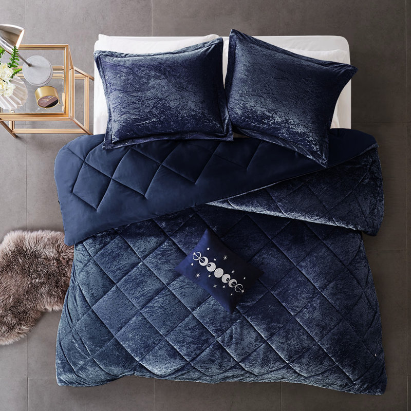  Édredon en velours bleu marine - rembourrage, motif à losanges, avec coussin décoratif, housse, taies décoratives et, Navy