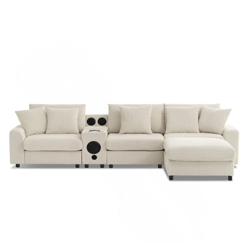 Canapé modulaire en velours côtelé de 114 po x 64 po avec haut-parleurs Bluetooth, Crème, crème