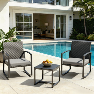  Rocking Patio Bistro Sets - All-Weather - 3 Piece Rattan Conversation Furniture Set, Wicker Outdoor Front Porch Chair for Balcony, Porch, Garden, Backyard, Poolside,Gray