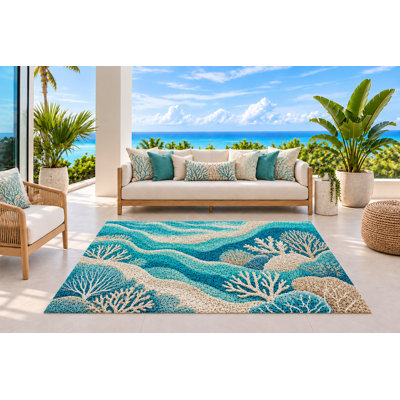 Tapis d'extérieur 152 x 213 cm, motif récif côtier avec corail ivoire et vagues turquoise, moquette bouclée en PVC imperméable, ultra-résistante, séchage rapide, pour porche, terrasse, balcon, entrée.