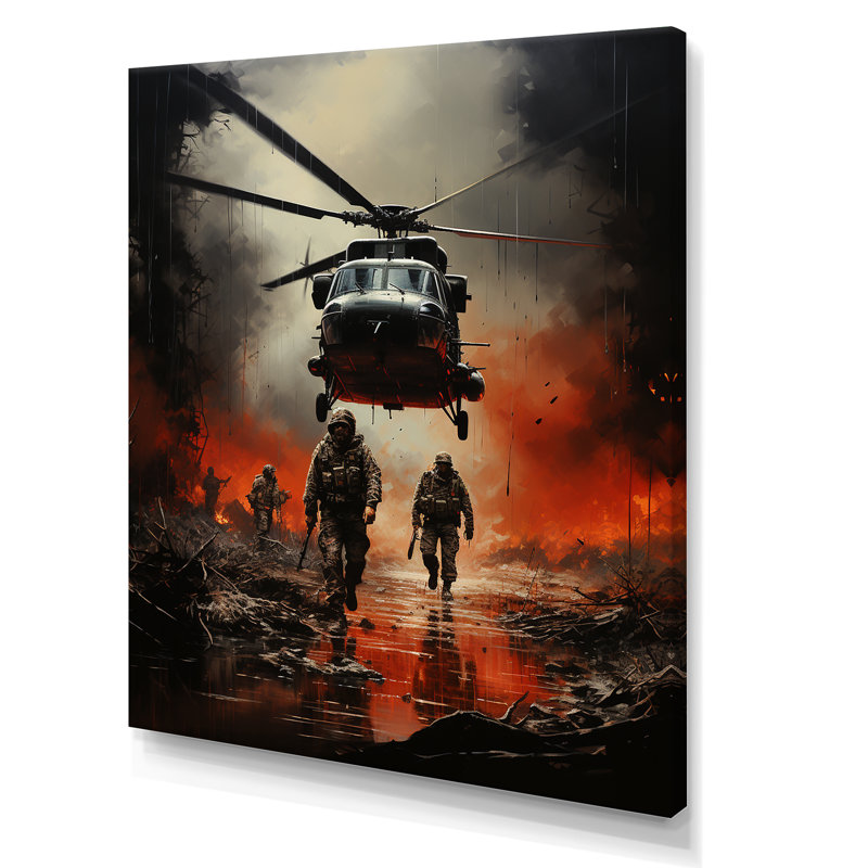 Abstract Military Battlefield Reflections Canvas Print in Fiery Red and Black