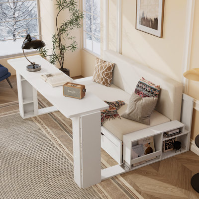 Queen Size Daybed With Removable Desk, Storage Drawers & Hydraulic Side Table, Multifunctional Design For Small Spaces