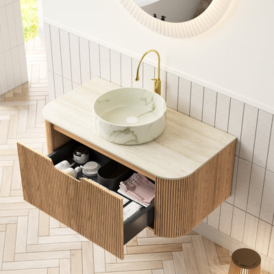 36" Floating Bathroom Vanity Featuring Round Ceramic Basin, - Pattern Sintered Stone Top, 3D Striped Natural Wood Grain Drawer Panels And Ample Storage Floating, Vessel Sink, Surface, Soft Close