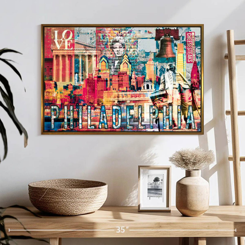 Monuments de Philadelphie, grunge, Cadre flottant doré, 25 po x 17 po