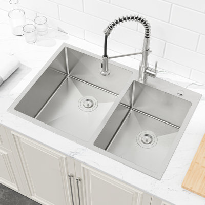 33"X19" Stainless Steel Double Bowl Sink - Overmount, With Resilient And Construction Overmount , Easy To Clean Brushed Surface