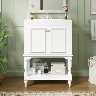 Meuble-lavabo de luxe moderne de 24 po avec lavabo en céramique, meuble de salle de bain avec tablette ouverte et rangement fermé