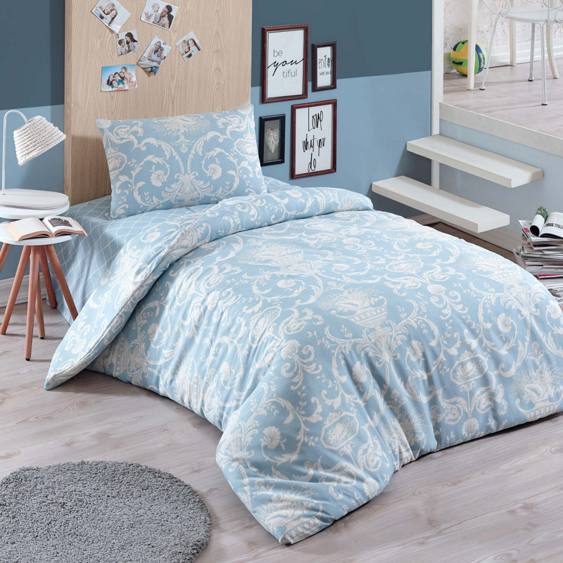 Ensemble de housse de couette en mélange de coton Gasaway, Housse de couette 61 po x 79 po + 1 taie d'oreille, Bleu / crème