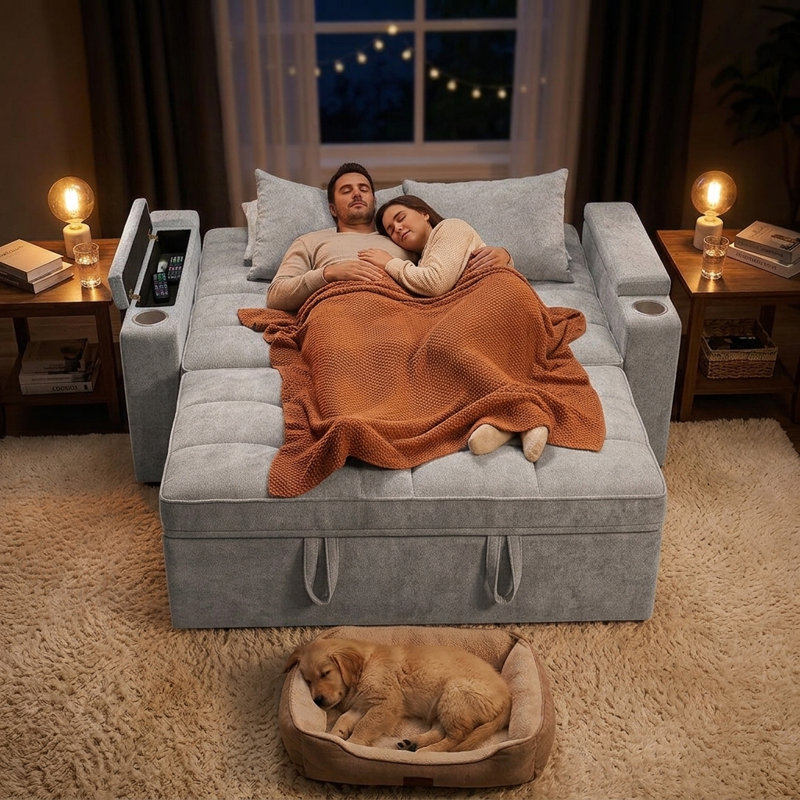 65" Convertible Sleeper Sofa With Pull-Out Bed, Loveseat Sofa Bed with Adjustable Backrest & 360° Swivel Side Table, Gray