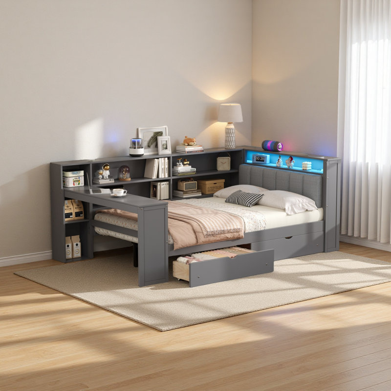 Lit plateforme en bois avec tablettes de rangement, tiroirs, station de charge, DEL, bureau et tête de lit tapissier, Gris
