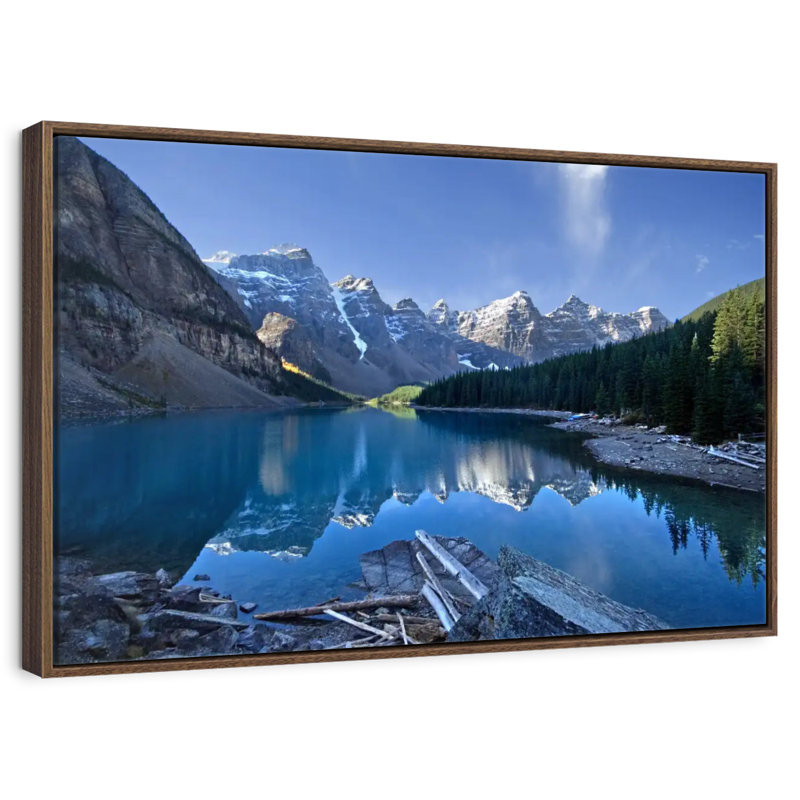 Lac pittoresque de la Moraine, 46 po x 31 po, Cadre flottant en noyer