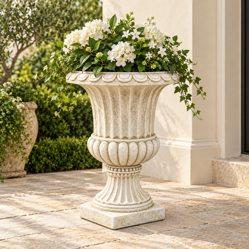 Pot à fleurs romain cannelé de 21 pouces avec base piédestal élégante