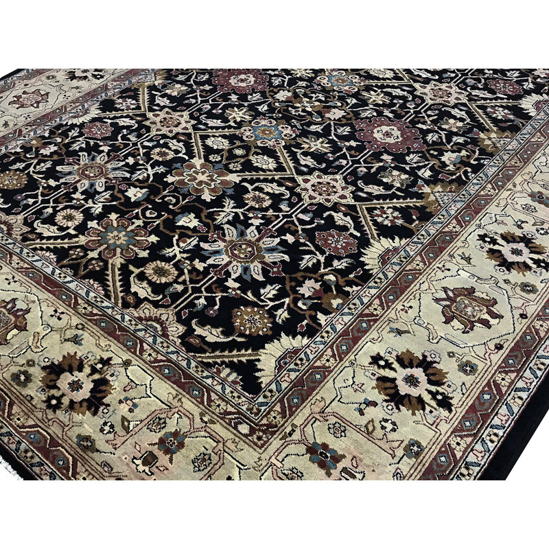 Tapis noir et crème noué à la main de haute qualité