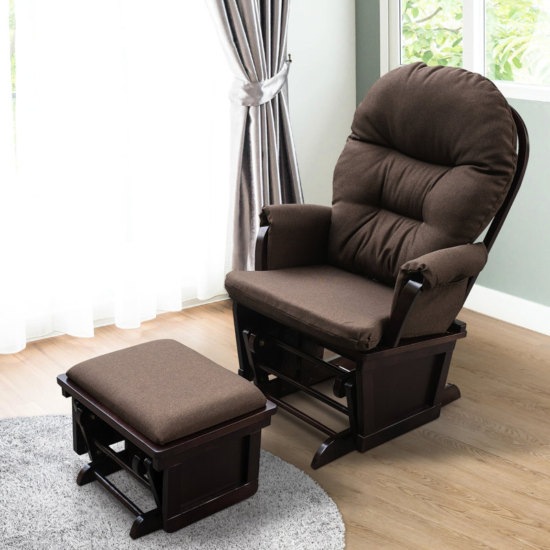 Chaise berçante, brun. Surmatelas rembourré, détendez-vous. Tissu respirant, bois, fauteuil de chambre de bébé facile d'entretien avec style moderne. Lin, rembourré d'éponge, base stable