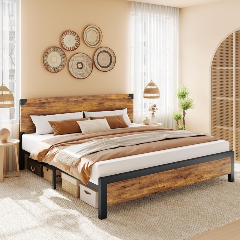 Bed Frame With Wooden Headboard, Under-Bed Storage And Metal Legs. Noise-Free Operation, No Box Spring Required, King