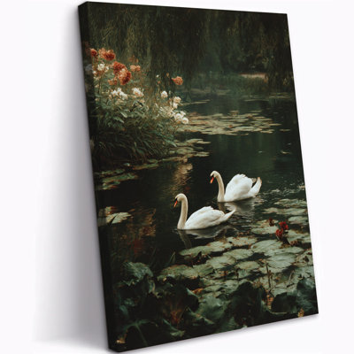  Swan Vintage Wall Art, Serene Pond Painting with Graceful Swans, Classical Pictures for Farmhouse Style and Bathroom Decor, Canvas Artwork Ready to Hang for Home, 12x16 inches