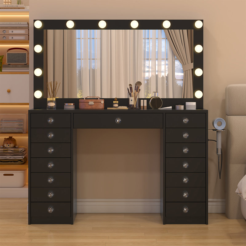Makeup Vanity With 15 Drawers, Vanity Desk With 12 Led Bulbs And Hd Mirror, 3 Color Brightness Adjustable, Vanity Set For Bedroom, Black