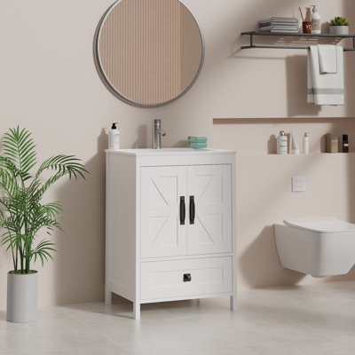 Bathroom Vanity With Ceramic Sink, Wood Vanity With Hidden Storage Space, Bathroom Sink And Cabinet Combo Set