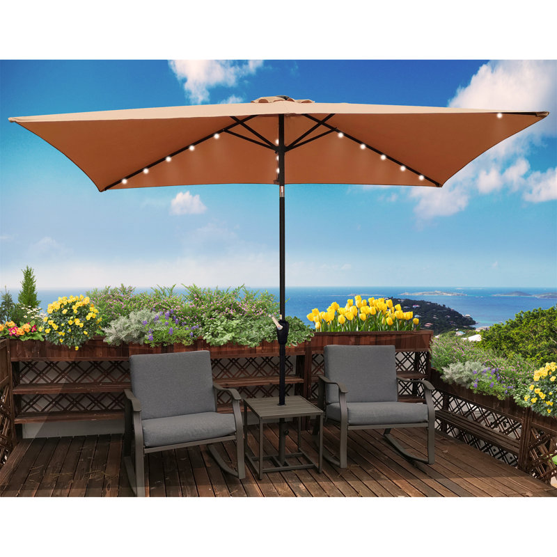 Parasols de marché rectangulaires à DEL pour l'extérieur avec manivelle et bouton poussoir, Brun