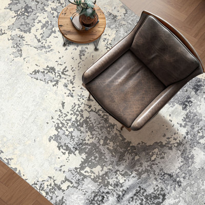 Tapis moderne 180 x 270 cm en laine, bambou et soie gris ivoire, noué à la main
