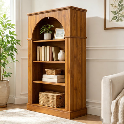 3-Tier Arched Open Bookshelf, Traditional Freestanding Bookcase with Decorative Beaded Trim
