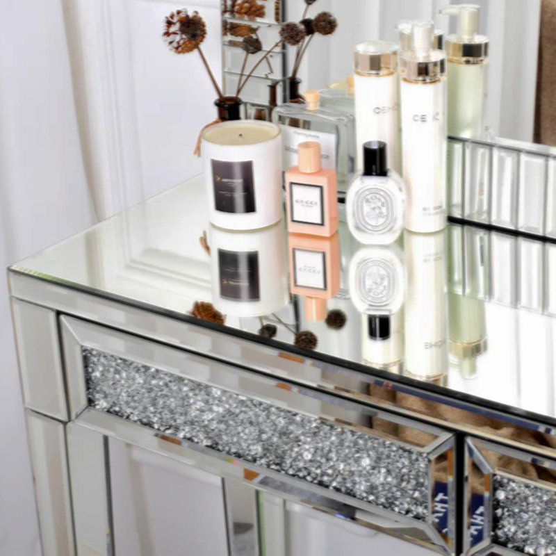 Mirrored Vanity Table Diamond Inlay 2-Drawer