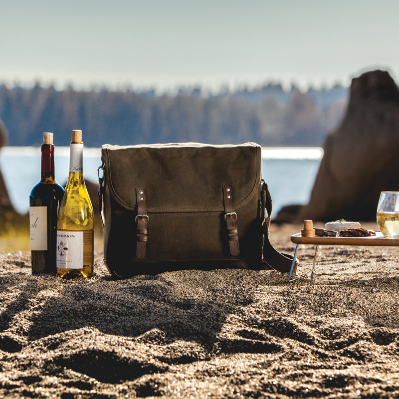 Khaki Green Waxed Canvas Wine Tote with Acacia Table
