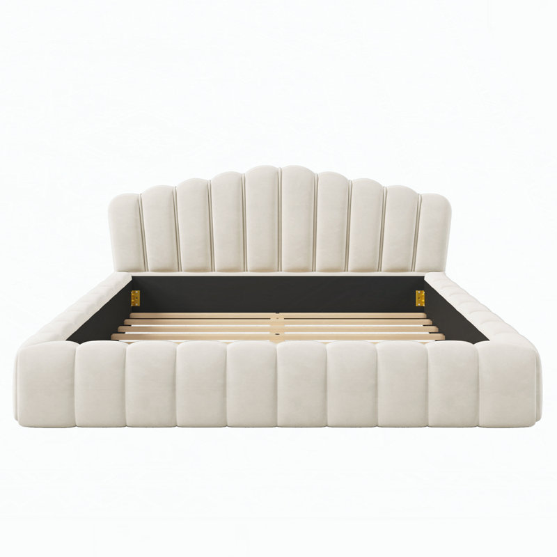 Wood Frame Queen Size Upholstered Bed with Shell-Shaped Headboard, Cream
