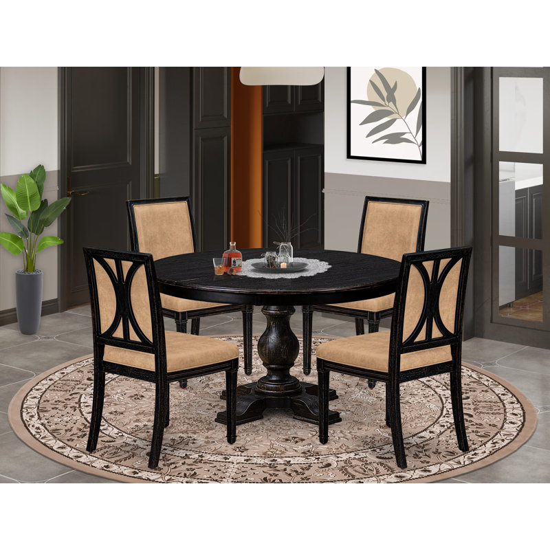 L'ensemble de table de cuisine 5 pièces se compose d'une table de salle à manger et de 4 chaises de salle à manger en tissu de polyester beige avec dossier haut - fini noir sablé