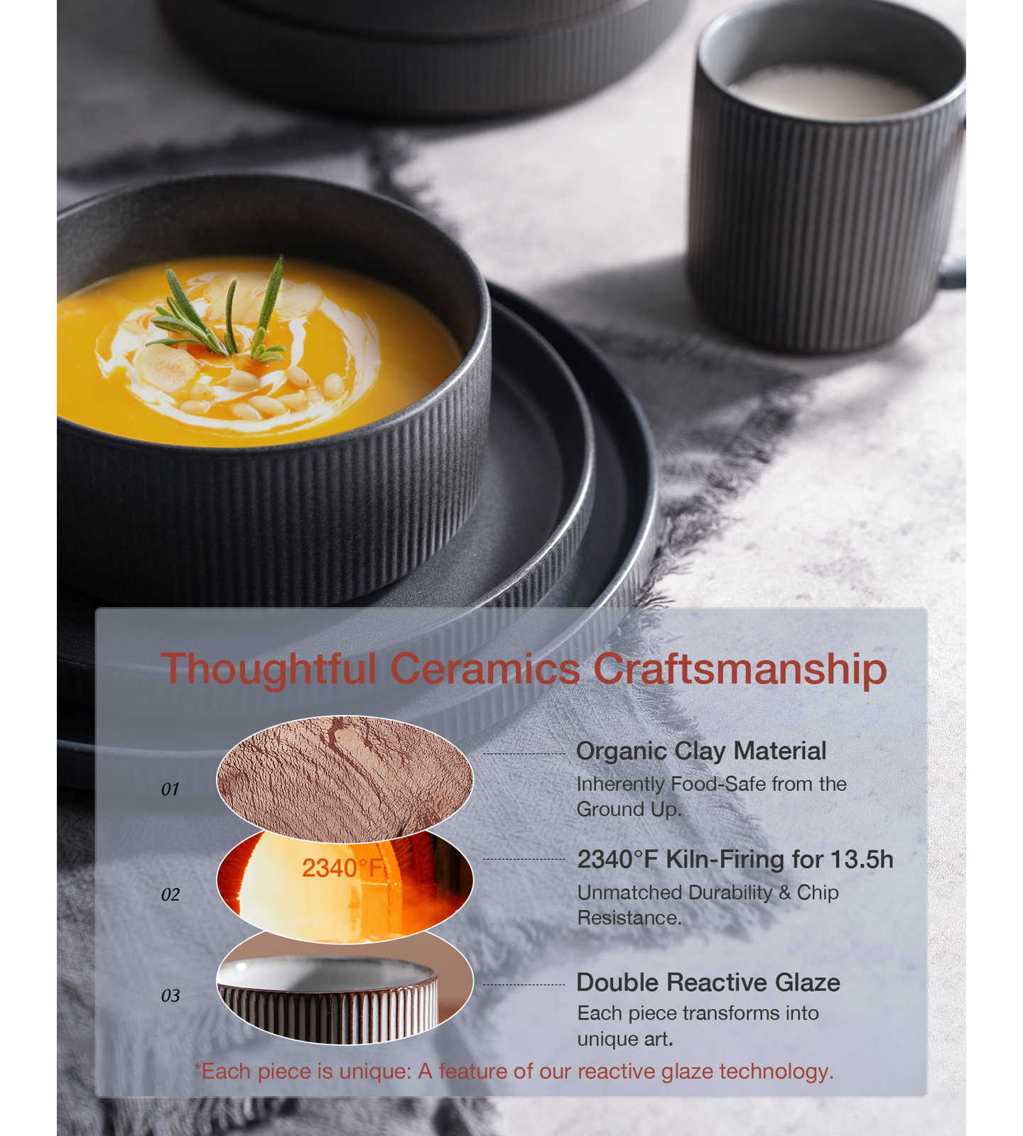 Stoneware Dinnerware Set, Service for 4, Matte Dark Charcoal