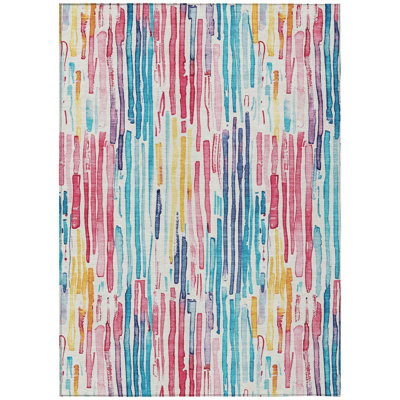 9' X 12' White Pink Teal Blue And Yellow Striped Washable Indoor Outdoor Area Rug
