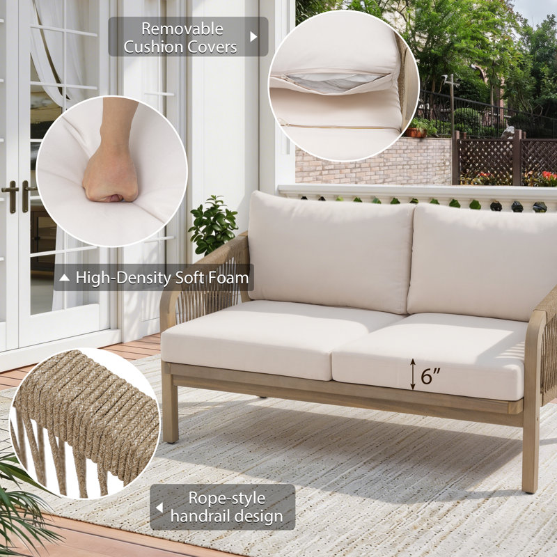 Outdoor Garden 2-person Sofa With Cushions, Cream Cushion/Beige Frame