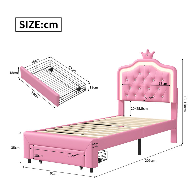 Upholstered Storage Bed, European Single (90 x 200 cm), Pink