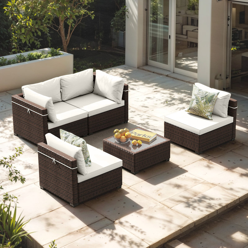 5-Piece Wicker Patio Conversation Sets with Coffee Table, White, White