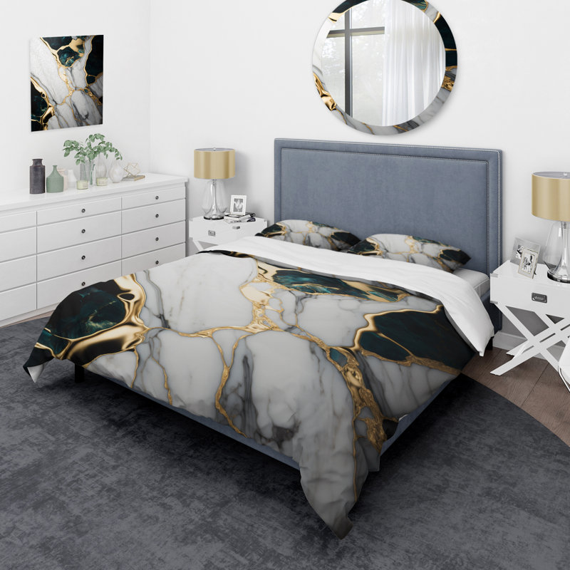 Ensemble de housse de couette en microfibre / polyester Abstract Geode Gold and Green Marble I