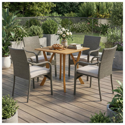 5-Piece Outdoor Dining Set with 31.5" Square Acacia Wood Table and 4 Cushioned Chairs, Teak Finish
