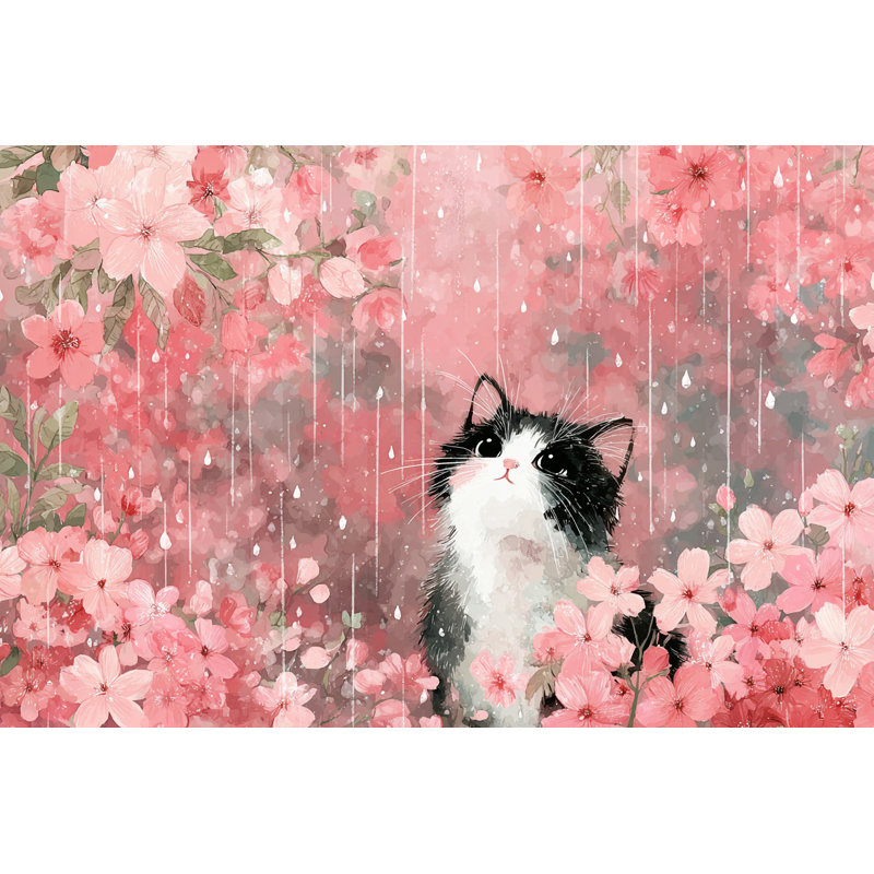Art mural sur toile Blossom Rain Cat, H 30 po x l 40 po