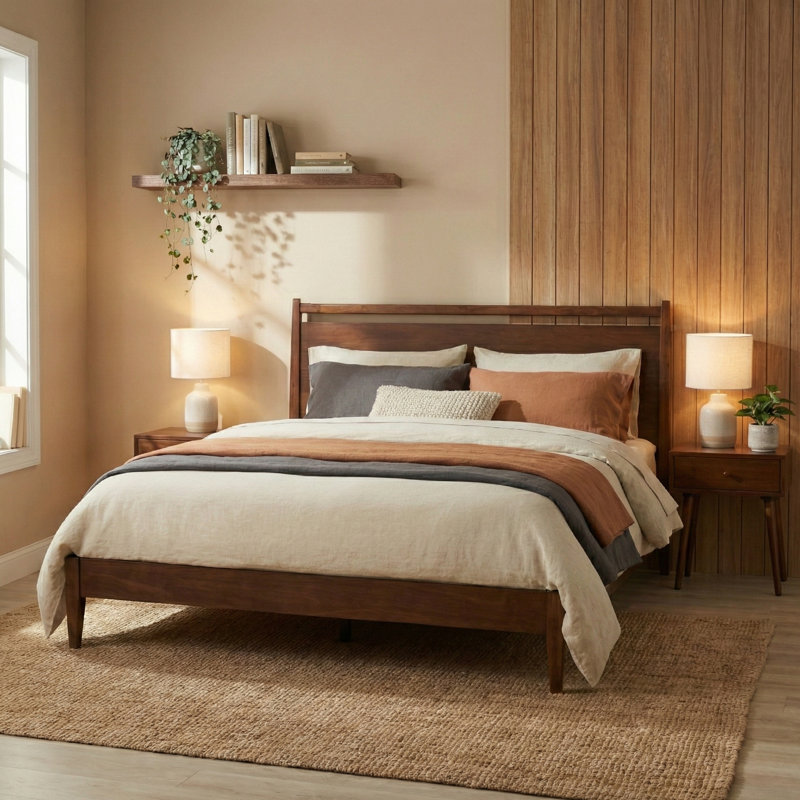  Base de lit en bois avec tête de lit Adept, base en bois massif avec lattes silencieuses et supports centraux en bois, capacité de 1000 lb, assemblage sans effort