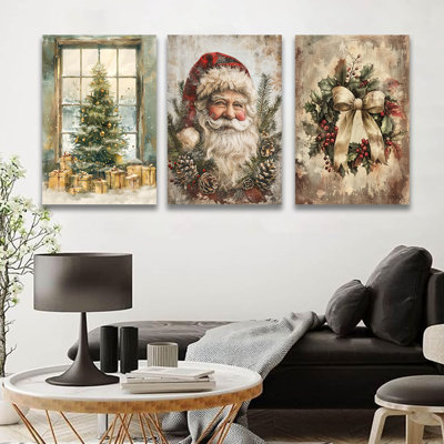 Décoration murale rétro de Noël, ensemble de 3 toiles de père Noël rétro sur toile, décorations de Noël rétro pour la maison, la cuisine, la chambre, la salle de bain et le salon