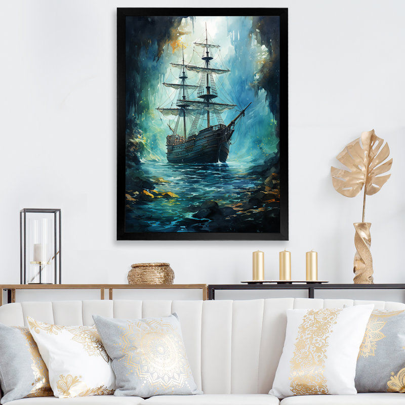 Sirènes chantant un bateau pirate - décoration murale nautique et plage, H 32 po x l 16 po x P 1 po, Cadre photo noir