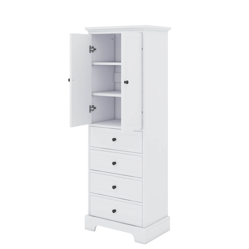 Armoire de rangement chic avec 2 portes et 4 tiroirs pour la salle de bain et le bureau, Blanc
