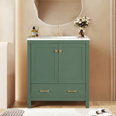 30" Green Single Bathroom Vanity with Undermount Sink, Solid Wood Frame Freestanding Bathroom Storage Cabinet,2 Doors & 1 Drawer,:Soft-Close Hardware for Guest Bathroom&Powder Room