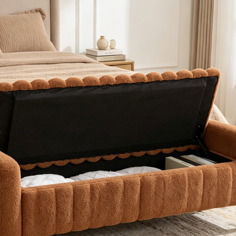 Banc de rangement capitonné avec dessus en bois 63,3 po, Caramel