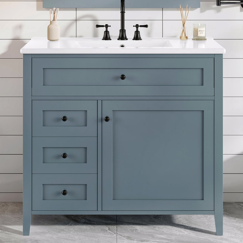Bathroom Vanity With Sink, Modern Mdf And Rubberwood Cabinet With 3-Drawer And Adjustable Shelf, Freestanding Vanity For Bathroom Storage And Organization